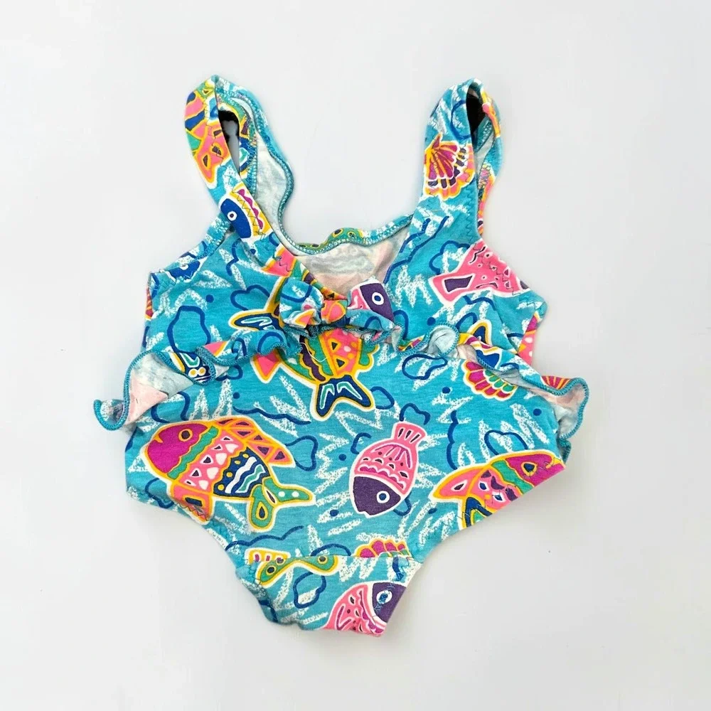 VTG Cole of California Tropical Fish Ruffle One Piece Swimsuit 18M‎ Baby Blue